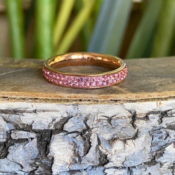 FAC Rose Gold Swarovski Pink Crystal Eternity Ring Sz 7 - Picture 1 of 7
